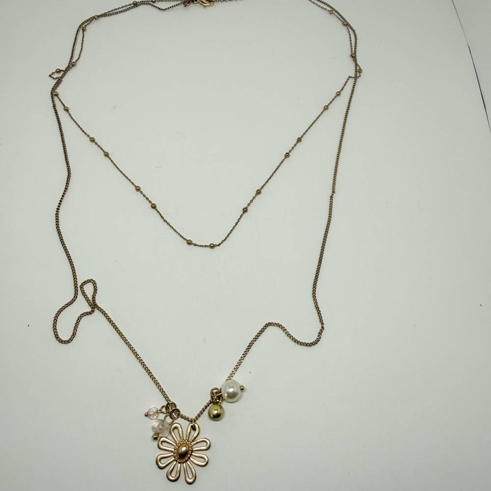 LOFT Gold Layered Necklace Sunflower Faux Pearl Bead Cluster Charm 19"+1.5"